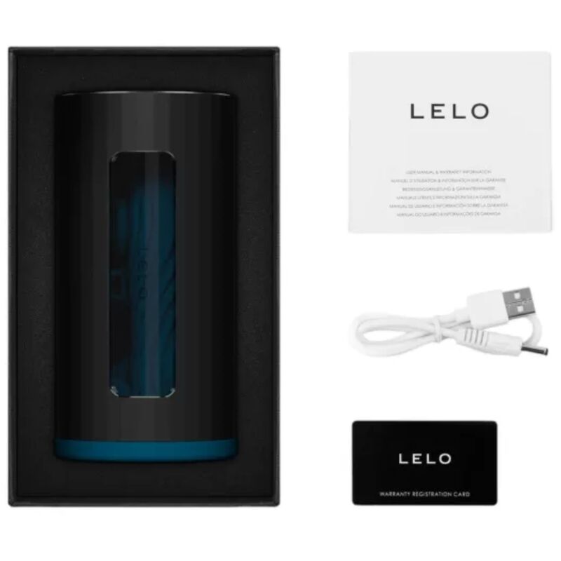 LELO product in packaging with USB cable and registration card on a white background