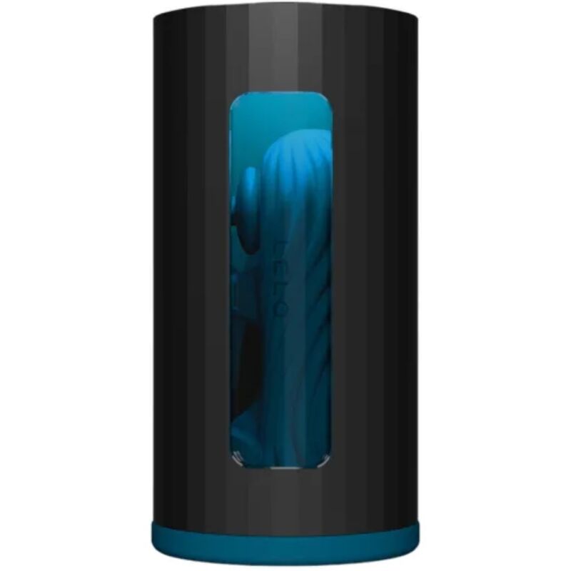 Black cylindrical container with a blue interior holding blue hair extensions on a white background