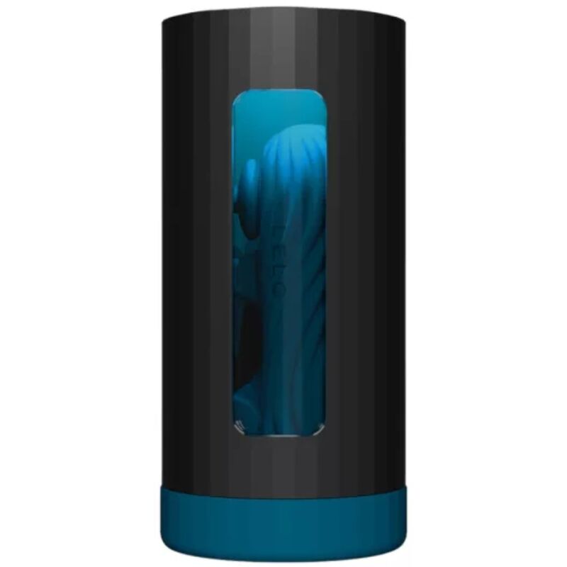 Black cylindrical container with a clear window displaying blue hair extensions on a white background