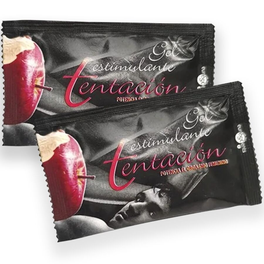 Two packages of 'Tentacion' gel with an apple and a person on a white background