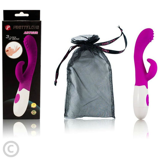 Purple and white toy with packaging and drawstring bag on a white background