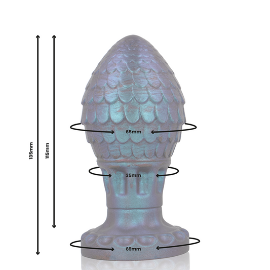 Iridescent object with measurements on a white background