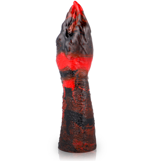 Black and red textured object on a white background