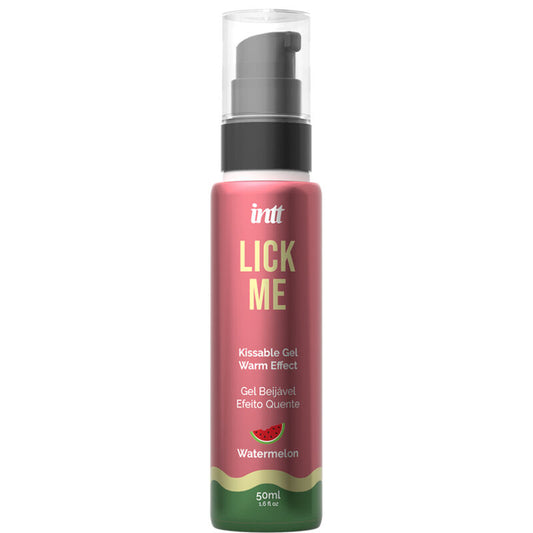 Pink bottle of 'Lick Me' kissable gel with watermelon flavor on a white background