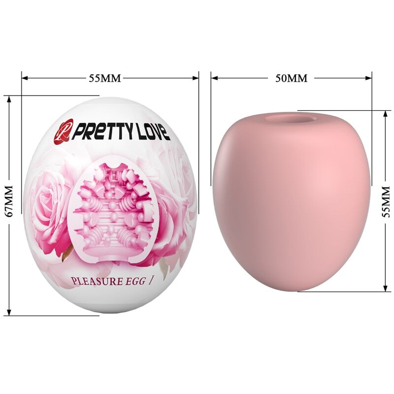 Measurement chart of a 'Pretty Love' pleasure egg with a pink rose design and dimensions.
