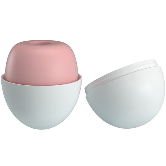 Two spherical containers, one pink and white, the other white, on a white background.