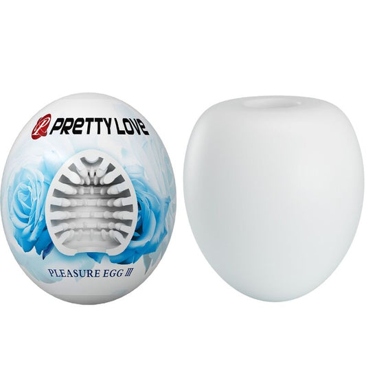 White pleasure egg with blue rose design and 'Pretty Love' branding on a white background