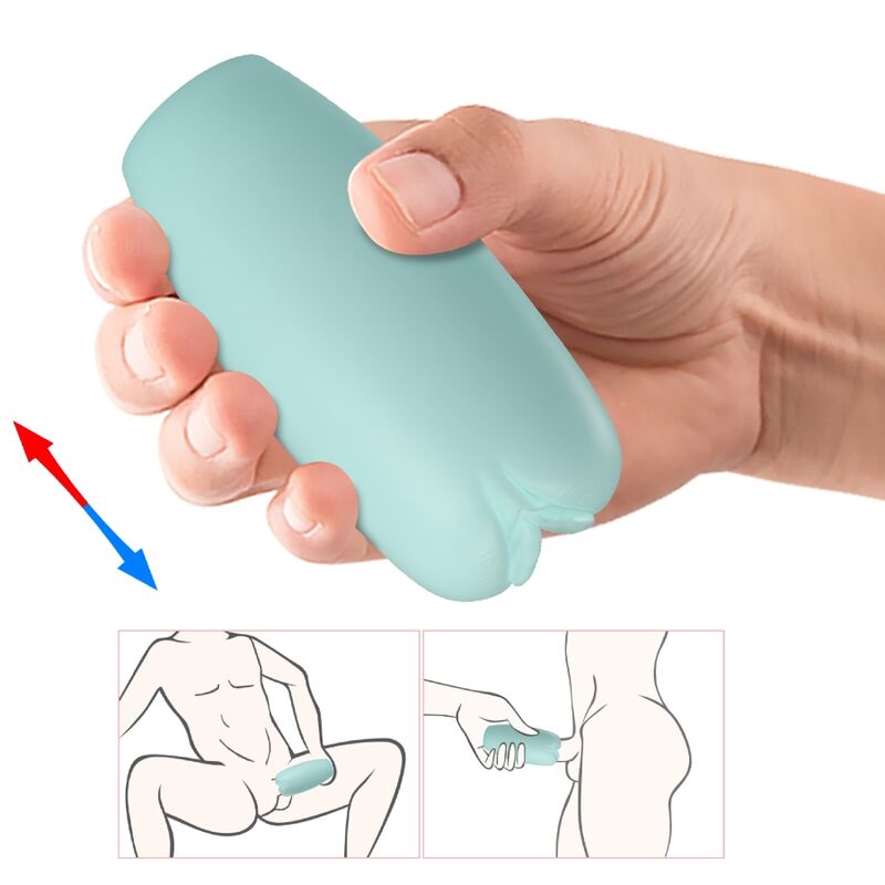 Hand holding a light blue silicone tool with illustrations showing its use on a white background