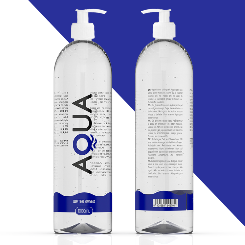 Two bottles of Aqua water-based product with labels on a blue and white background