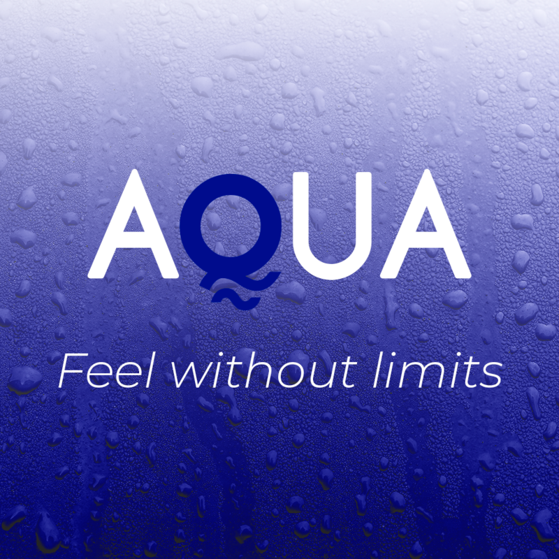 Aqua brand logo with 'Feel without limits' text on a water droplet background