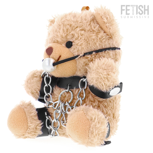 Teddy bear with chains and a muzzle on a white background, labeled 'Fetish Submissive'.