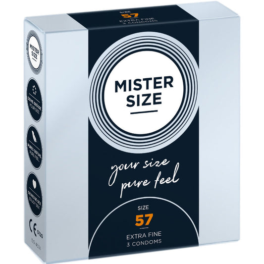 Mister Size condom packaging with branding and product details on a white background