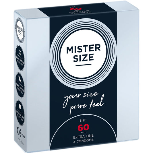 Mister Size condom packaging with branding and product details on a white background