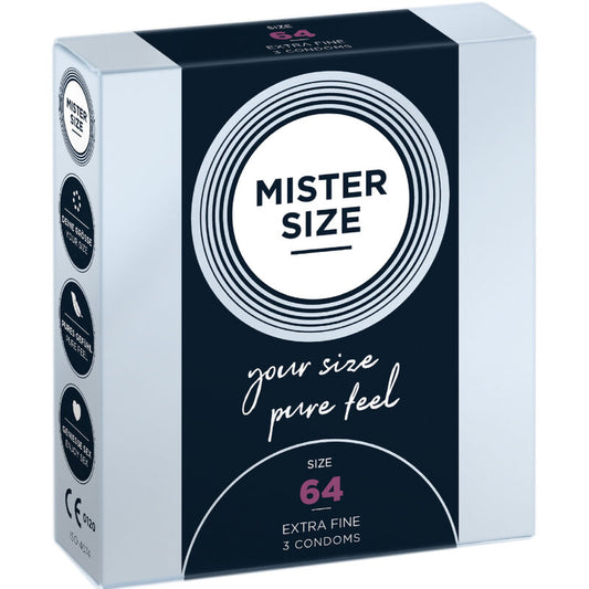 Mister Size condom packaging with branding and product details.