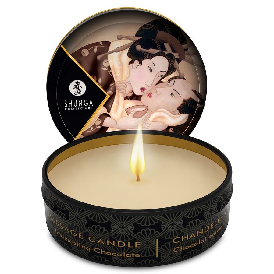 Shunga massage candle with decorative lid featuring artistic design