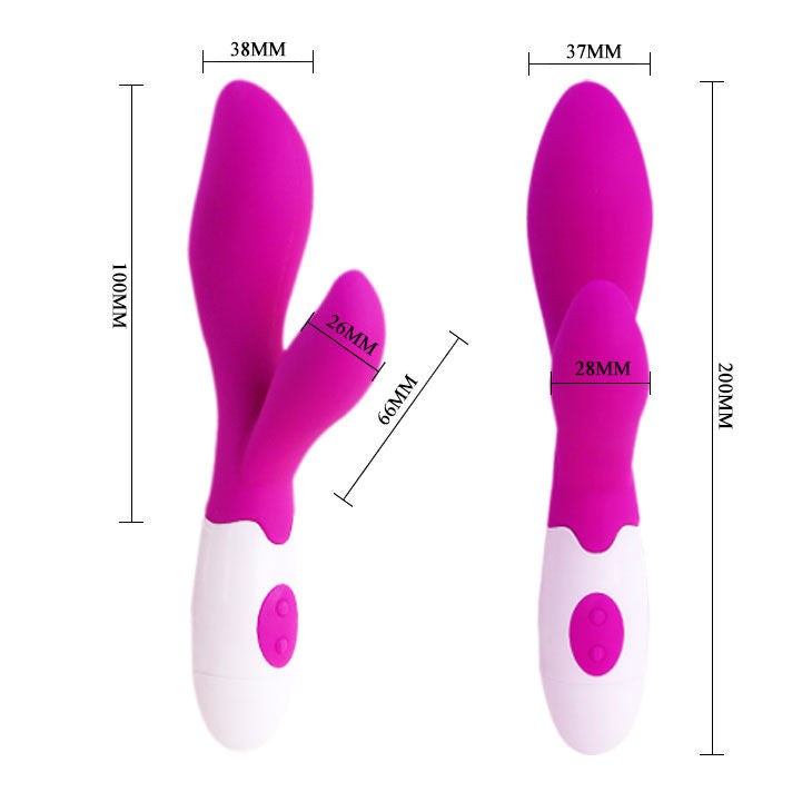 Purple and white toy with measurements on a white background