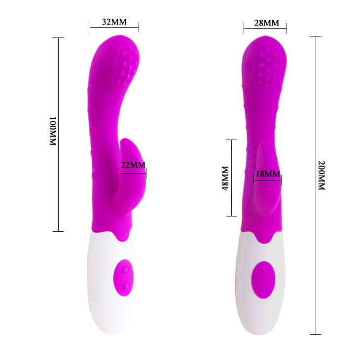 Purple and white silicone product with measurements on a white background