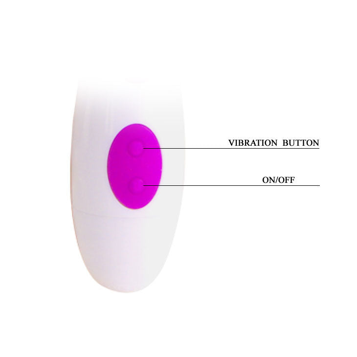 White device with a purple button labeled 'Vibration Button' and 'On/Off' on a white background