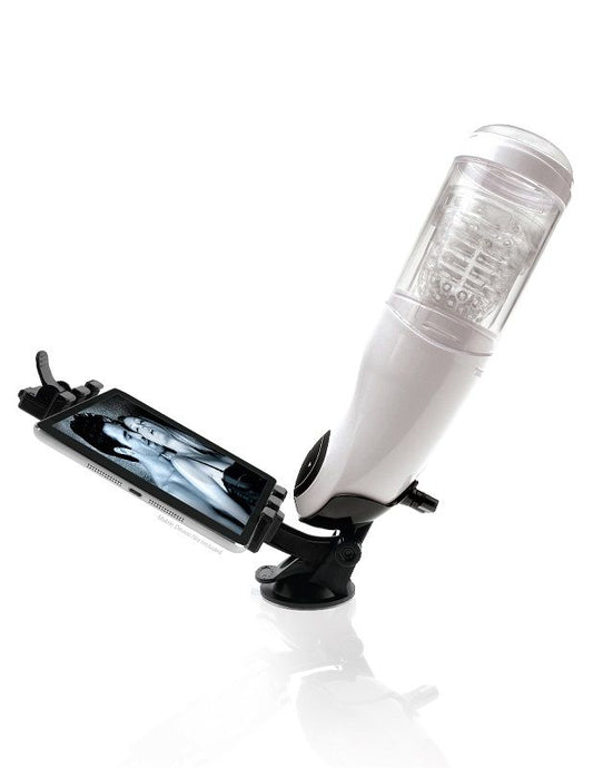 Phone holder with a microphone attachment on a white background