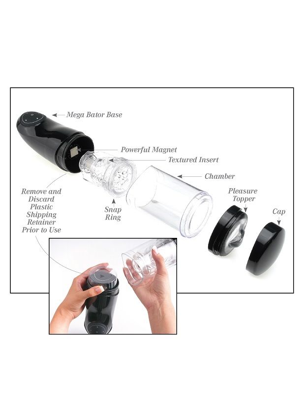 Sexual product with labeled parts and assembly instructions on a white background