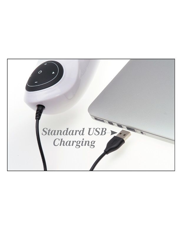 White electronic device with a USB cable connected to a laptop on a white background.