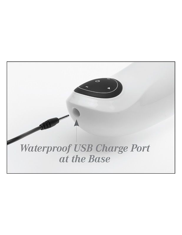 White electronic device with a USB cable connected to a waterproof USB charge port on a white background.
