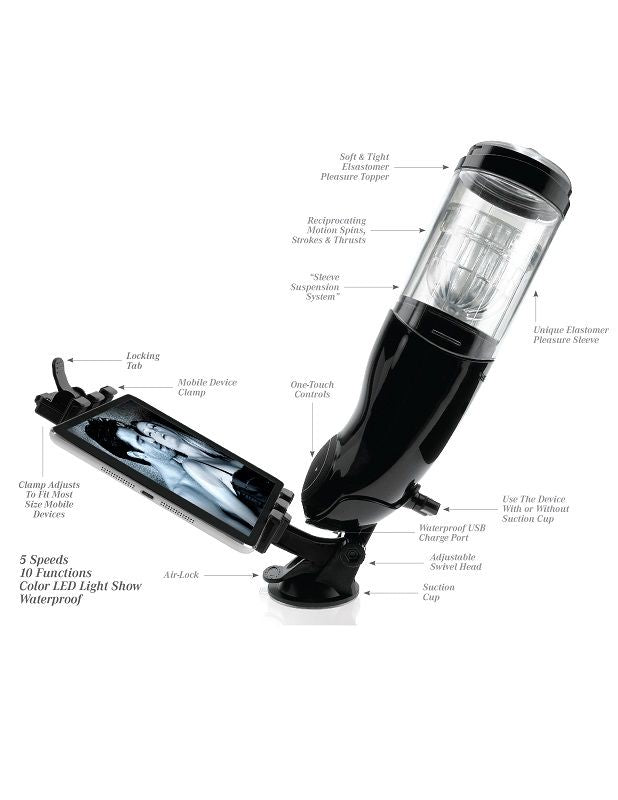 Black and clear pleasure device with labeled parts on a white background