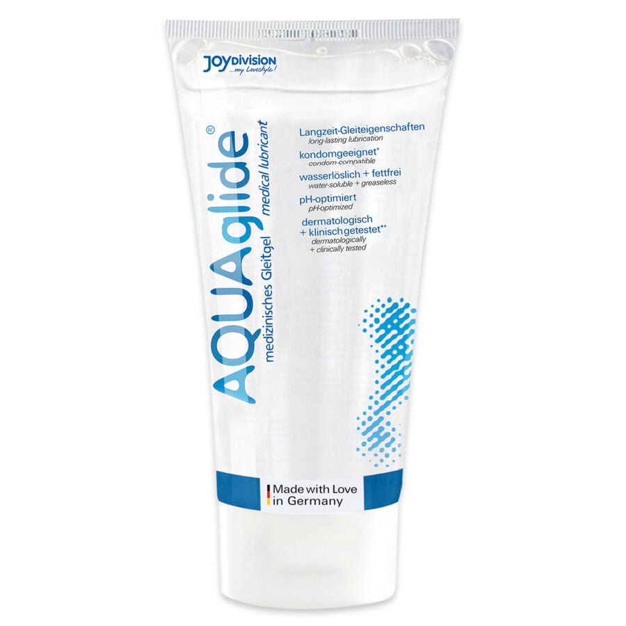 Tube of Aquaglide medical lubricant on a white background