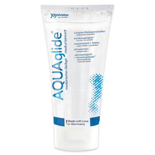 Tube of Aquaglide medical lubricant on a white background