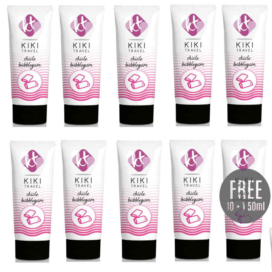 Multiple KIKI Travel bubble gum tubes with a promotional label on a white background
