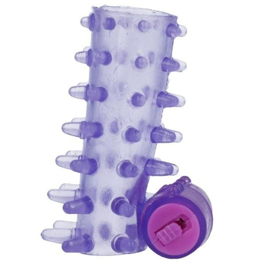 Purple and clear textured cylindrical toy with a pink base on a white background