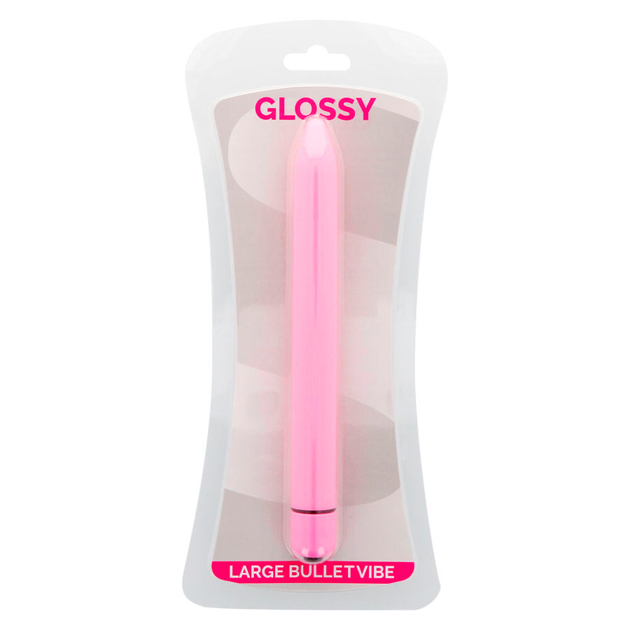 Pink bullet vibe in clear packaging with 'Glossy' branding on a white background
