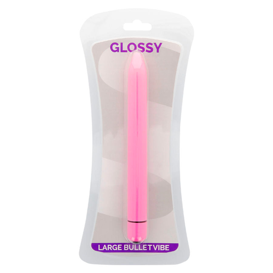 Pink bullet vibe in clear packaging with 'Glossy' branding on a white background