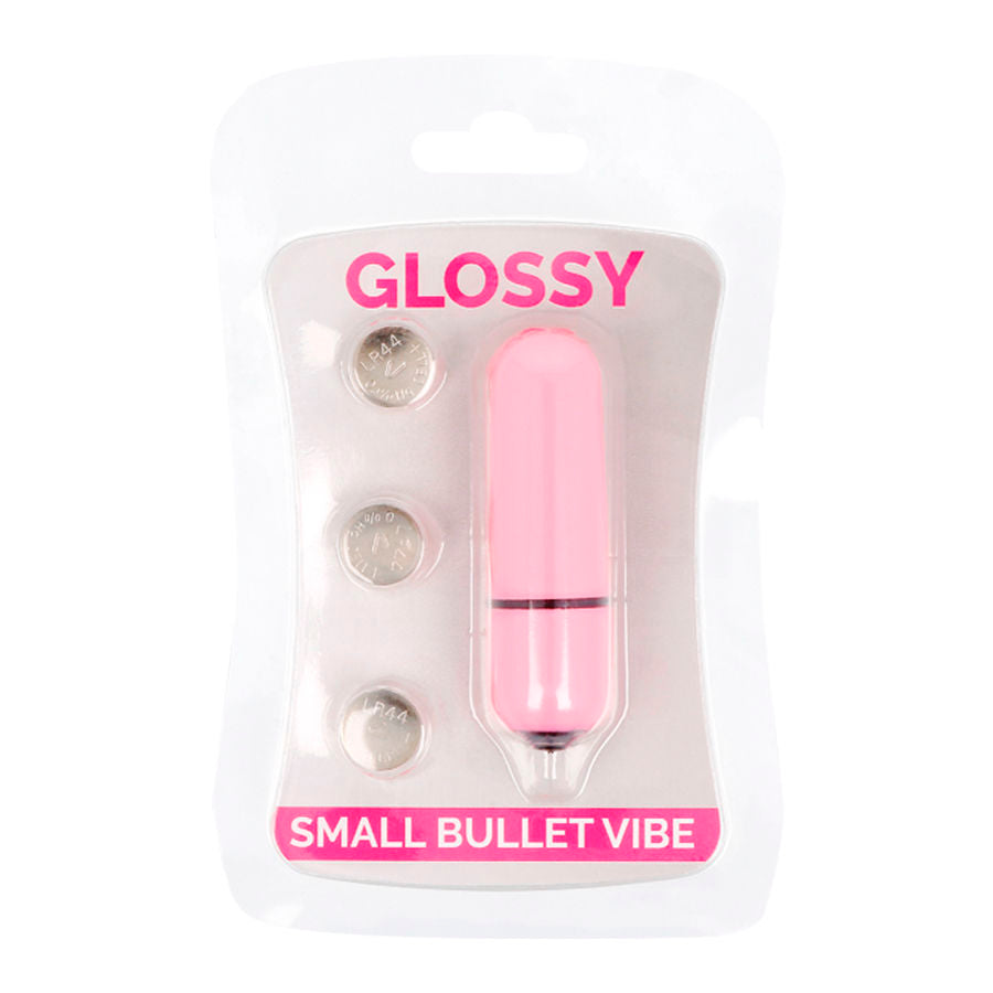 Pink small bullet vibe in packaging with 'Glossy' branding on a white background
