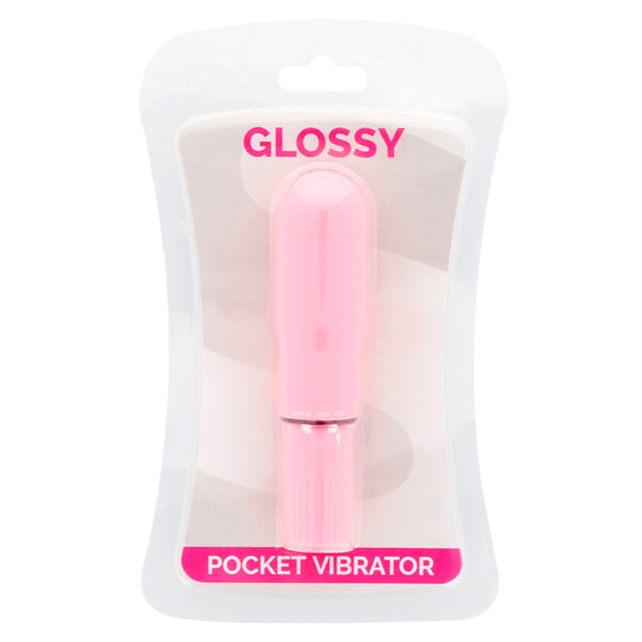 Pink pocket vibrator in clear packaging with 'Glossy' branding on a white background