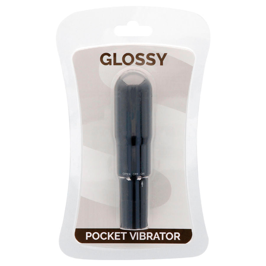 Black pocket vibrator in clear packaging with 'Glossy' branding on a white background