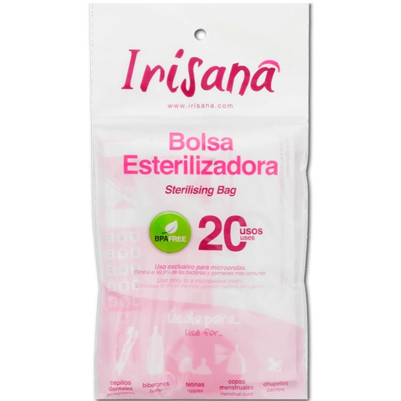 Irisana sterilizing bag packaging with pink design and text on a white background