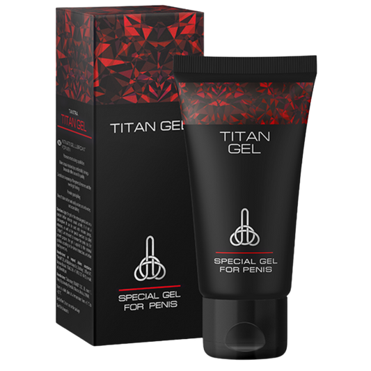 Titan Gel packaging with black tube and red geometric design on a white background