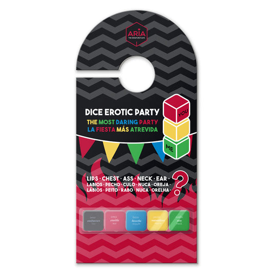 Dice packaging for an 'Erotic Party' game with colorful dice and black chevron pattern.