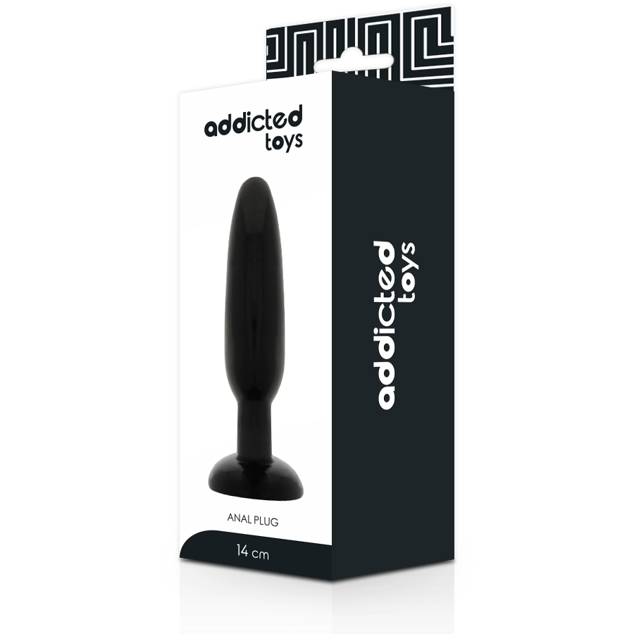 Black anal plug with packaging labeled 'addicted toys' on a white background
