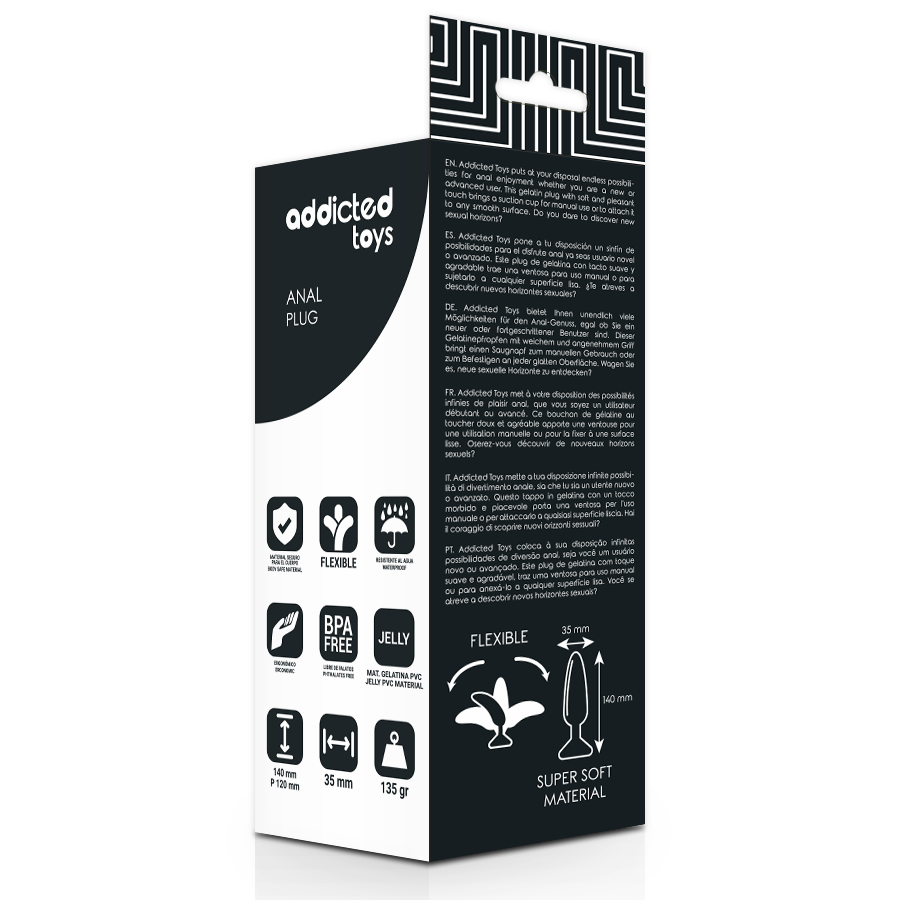 Addicted Toys packaging for an anal plug with black and white design.