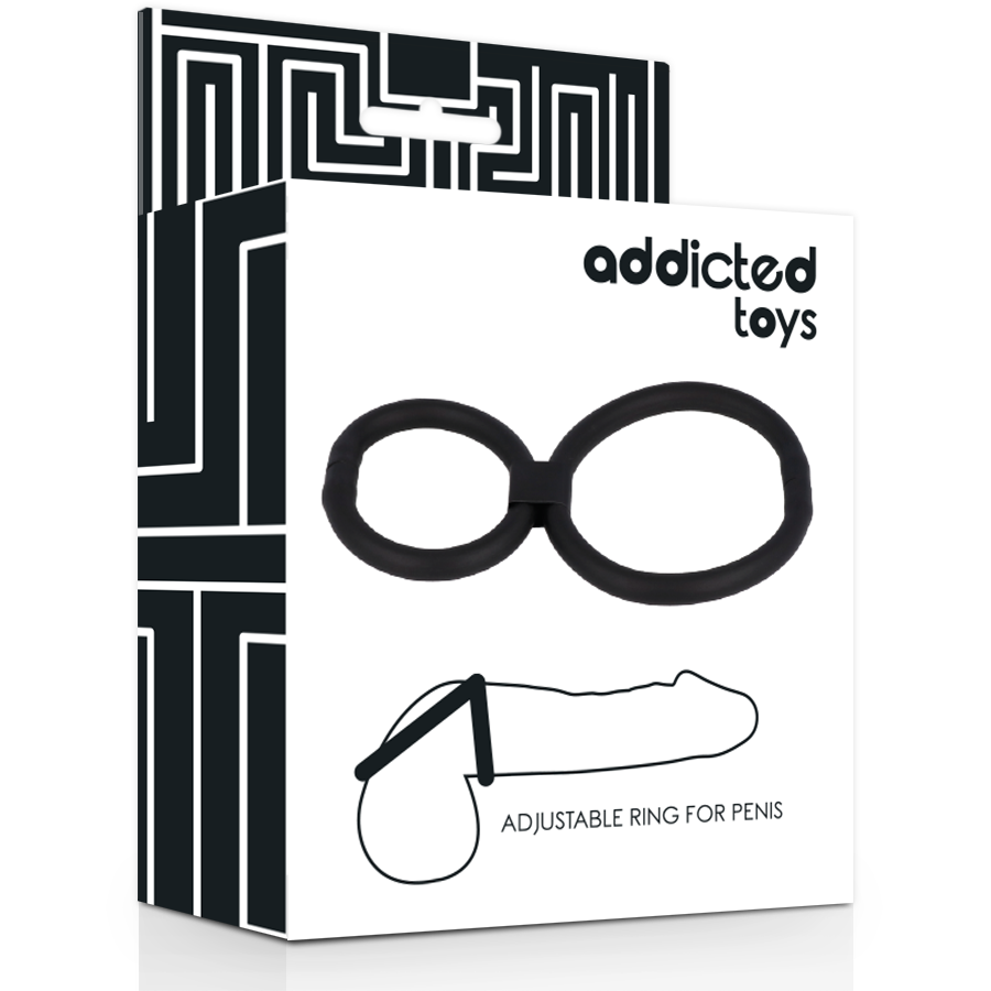 Box of 'addicted toys' adjustable ring for penis with black and white design.