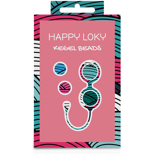 Package of Happy Loky Kegel Beads with colorful design on pink background