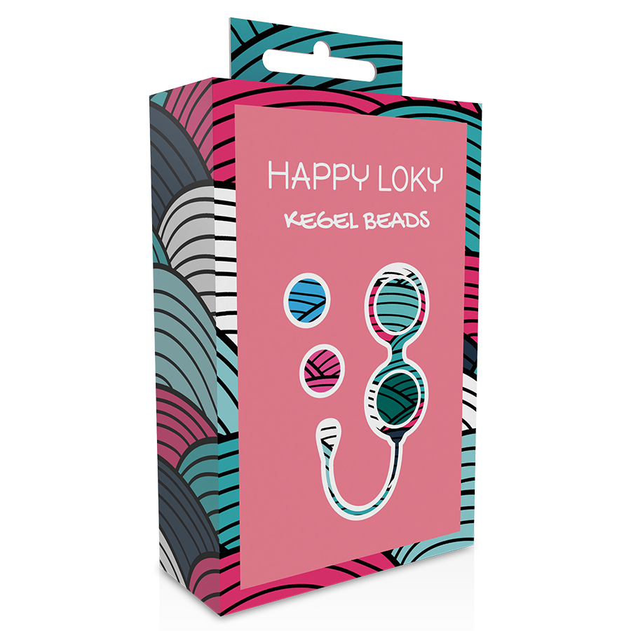 Box of Happy Loky Kegel Beads with colorful design on a white background