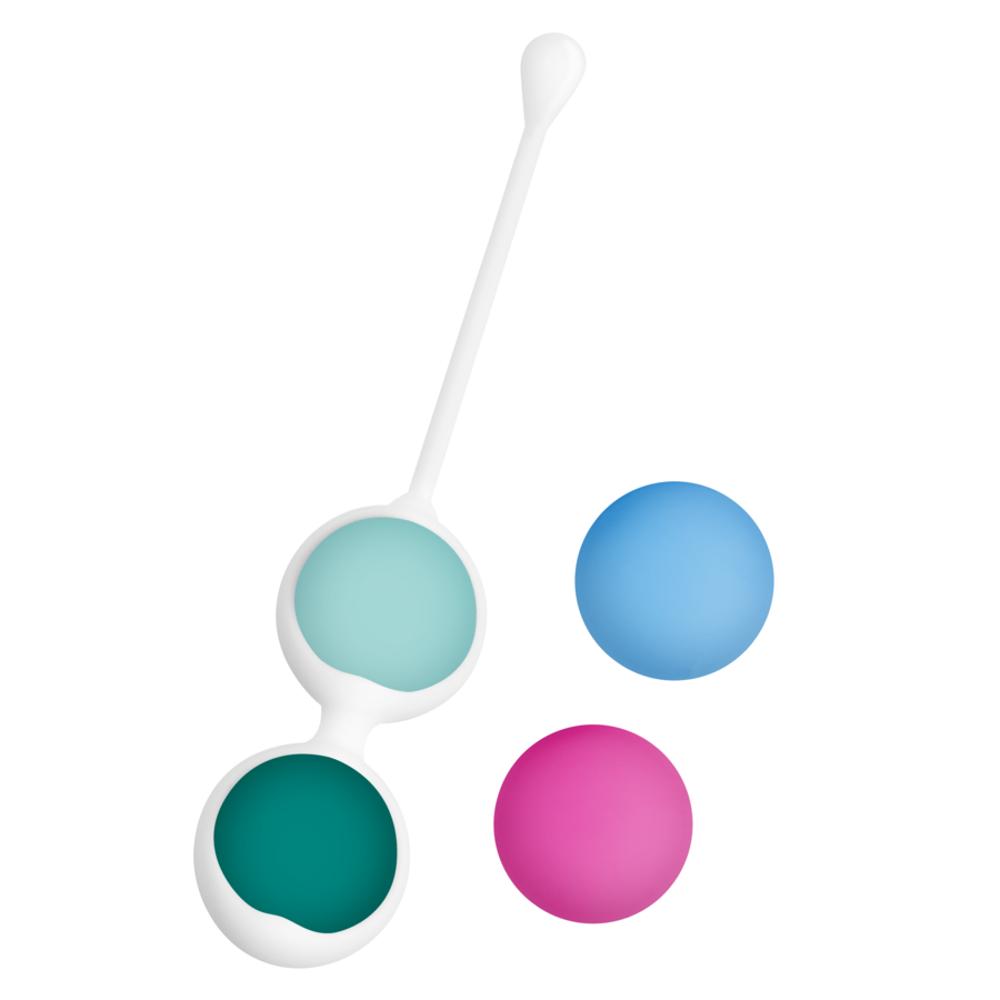 Colorful silicone ball set with a white holder on a white background