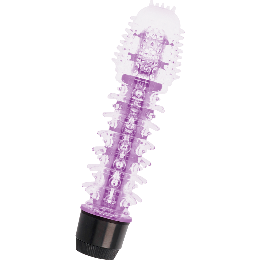 Purple and clear cylindrical object with black base on a white background