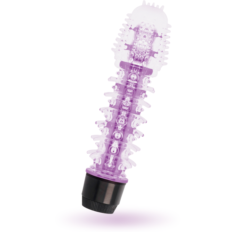 Purple and clear toy with black base on a white background