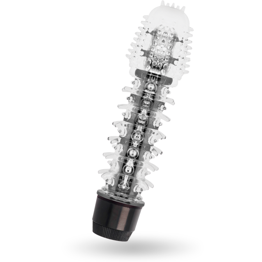 Sex toy with clear cylindrical body and black base on a white background