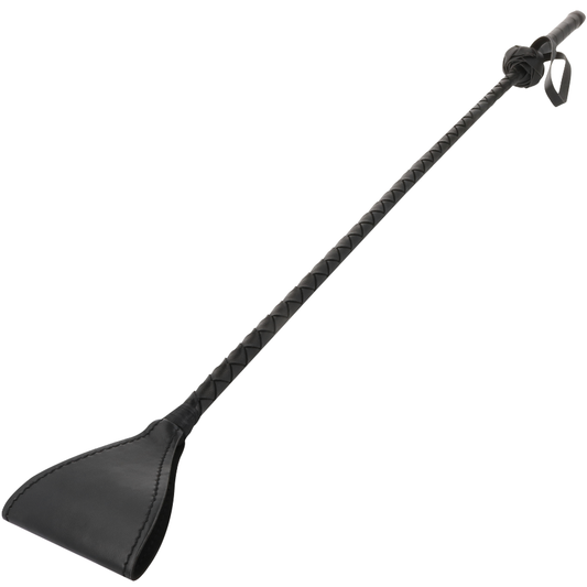 Black leather paddle with a braided handle on a white background