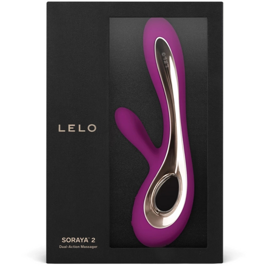 Purple and silver massager in a black box with 'LELO' branding